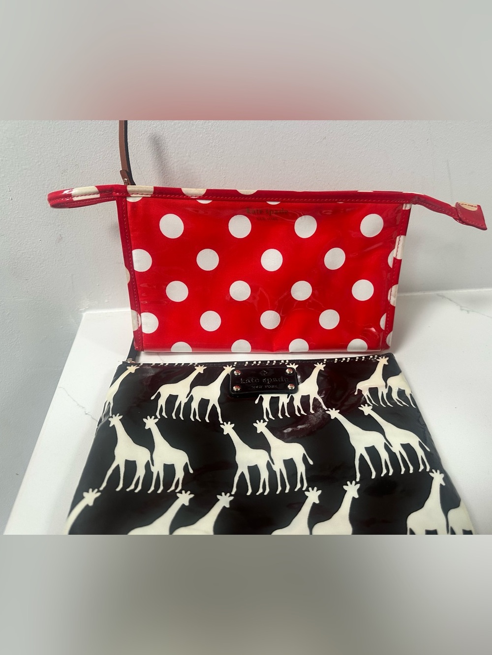 Kate Spade 2 make up pouches: Polka Dot Red & Giraffe Black Patent Pouch Set